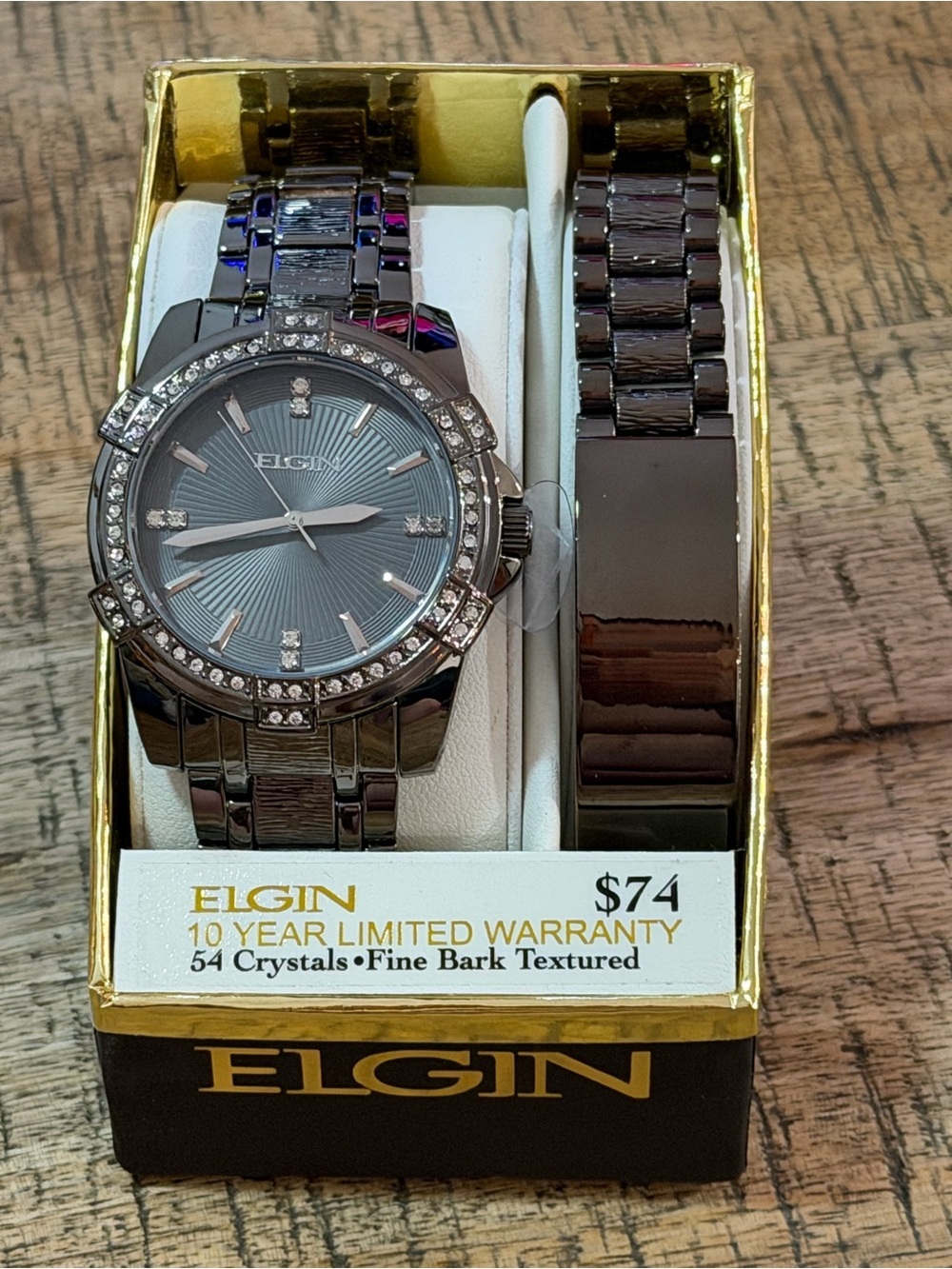 NEW IN BOX Elgin Gunmetal Men’s Watch with Crystal Bezel & Bracelet Set